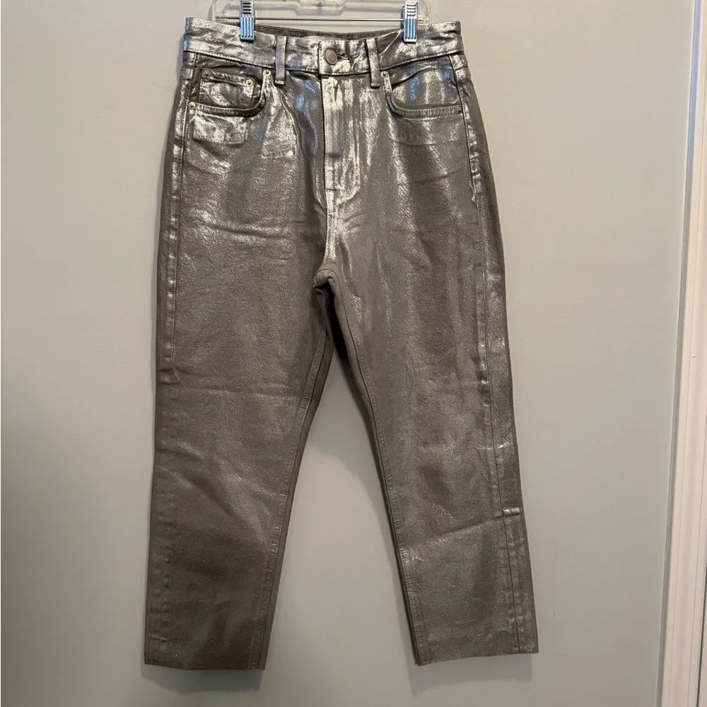 Zara Women’s Metallic Shiny Silver Straight Cropped Festival Jeans Size 4